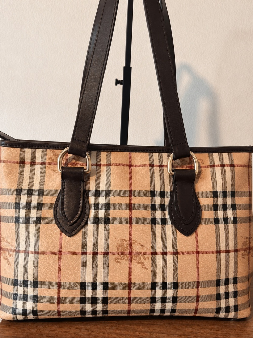 Burberry Haymarket Check Medium Regent Tote Bag Brown Leather